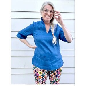 Lesley‎ Evers BROOKLYN Blue Linen Top Blouse Long Sleeve Size Large